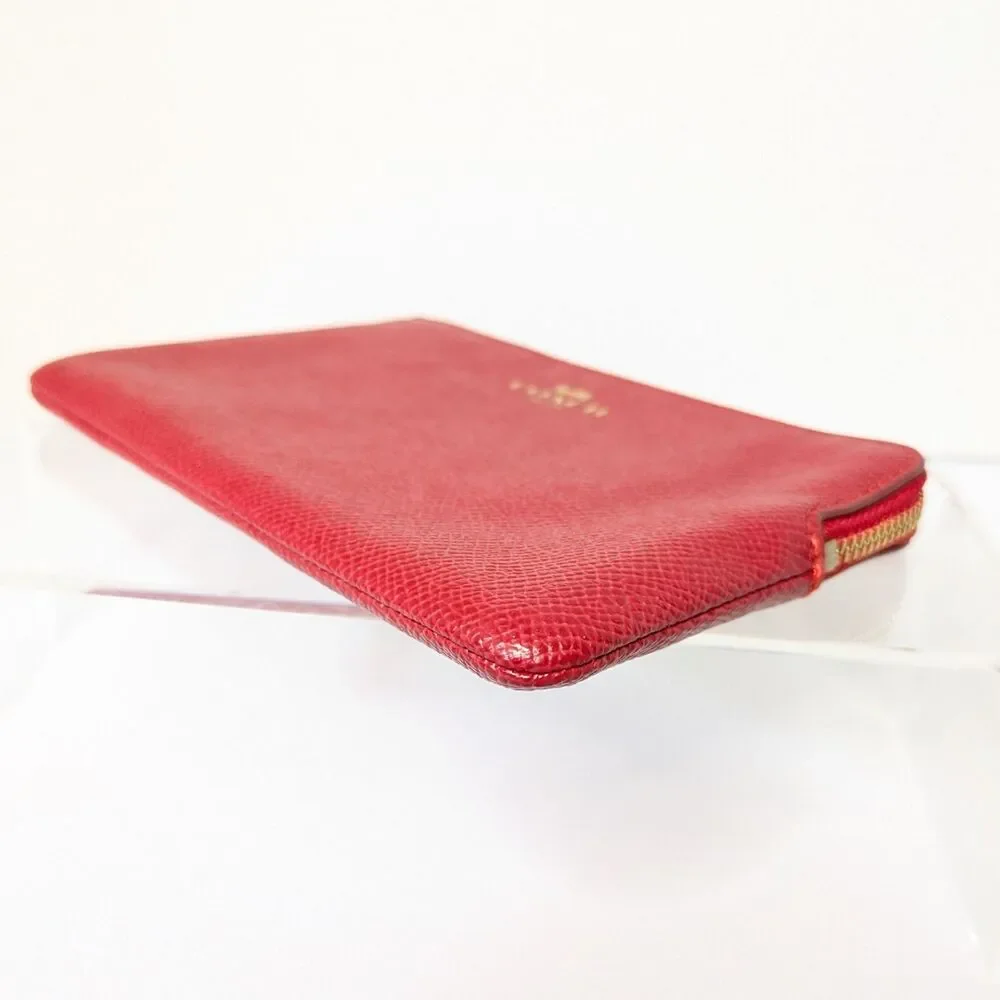COACH Red Crossgrain Leather Small Wristlet Corner Zip Pouch Card Slots F58032